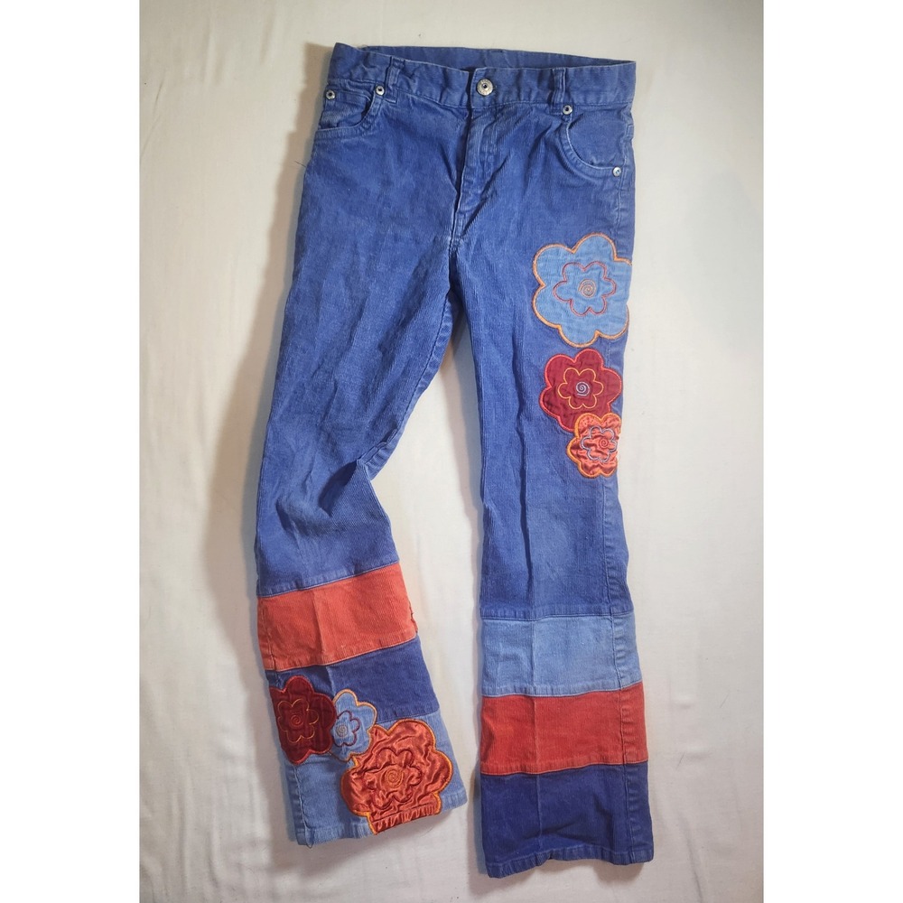 The Childrens Place‎ Girls Blue Patchwork Floral Corduroy Pants Size 8 Stretch